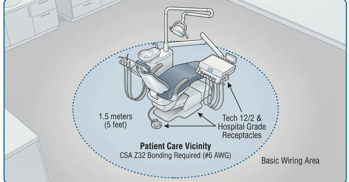 Patient Care Vicinity diagram: 1.5 m zone around a dental chair requiring CSA Z32 bonding and Hospital Grade receptacles
