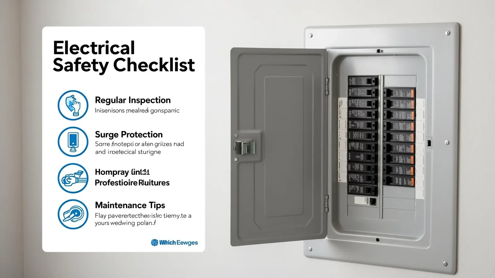 Electrical safety checklist next to circuit breaker panel showing regular inspections and surge protection