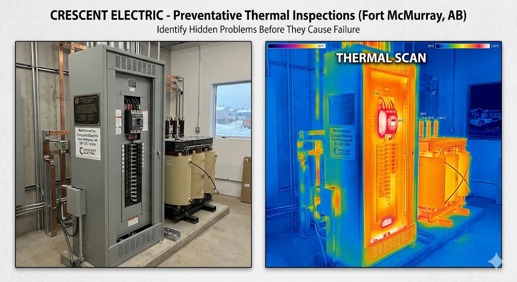 Crescent Electric commercial panel beside an infrared thermal scan revealing hot spots in Fort McMurray
