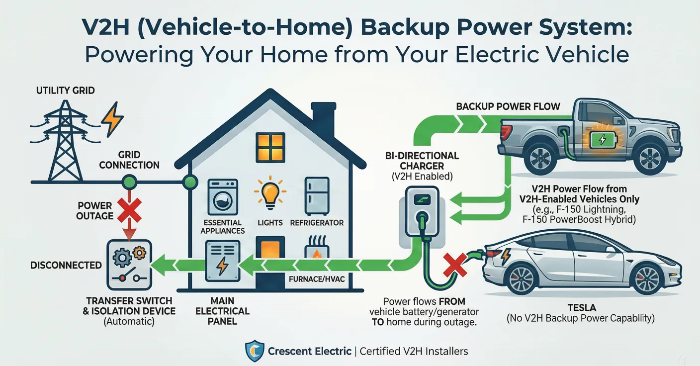 V2H Backup Power infographic: F-150 Lightning powering home appliances through a bi-directional charger during an outage V2H Backup Power infographic: F-150 Lightning powering home appliances through a bi-directional charger during an outage